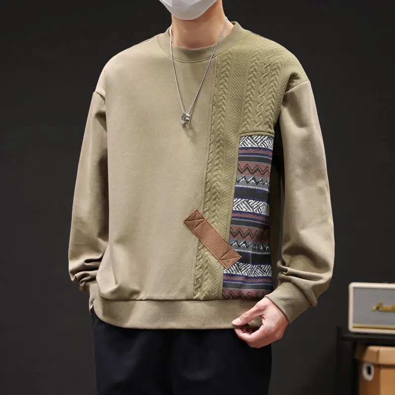 

Men's 2024 Spring Autumn New Spliced Pullover O-Neck Printed Fashion Loose Minimalist Casual All-match Long Sleeve Sweatshirts