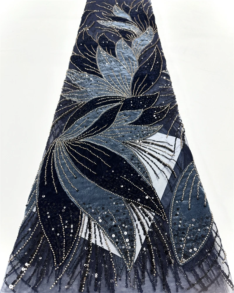Luxury African Beaded Pearl Velvet Lace Fabric High-Quality Nigerian Sequins for Party Dress Sewing