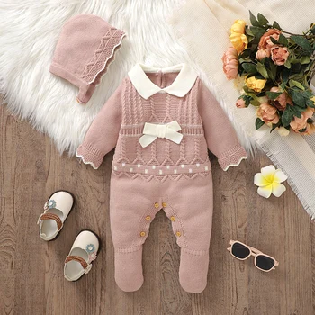 Neugeborenen Baby Strampler Hut Sets Stricken Säuglings Jungen Overall Langarm Nette Schleife Kleinkind Kleidung 2PC Overalls 0-9M Overall Warme Herbst