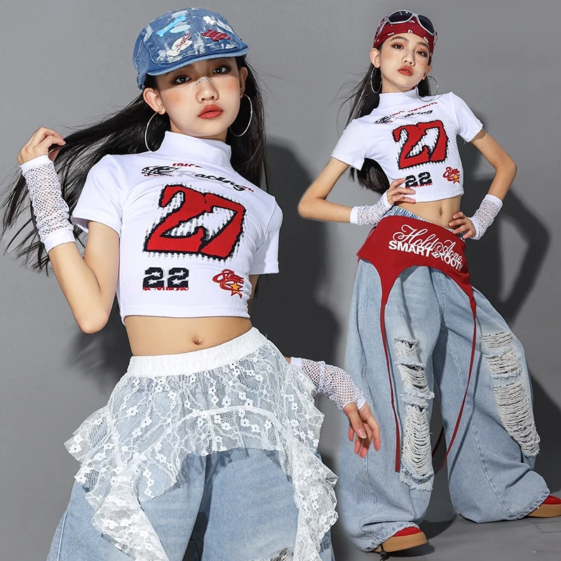 Kinder Jazz Dance Kleidung Mädchen Kpop Outfit Weiß Crop Top Denim Baggy Hosen Mode Hip Hop Kostüm Street Dance Tragen 2485