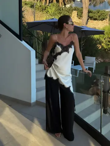 Spets Spaghettiband Damklänning Satin Chic Ärmlös V-ringning Oregelbunden Fåll Axelklänningar 2025 Nya Dam Allt Mycket Fest Vestidos 10 best sales vita spetsklänningar - №4