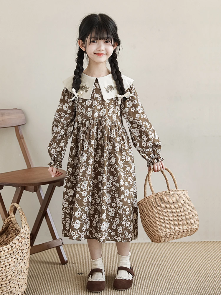 

Girls' Dress Spring and Autumn Style Retro Fragmented Flower French Embroidery Polo Neck Foreigner Size Long Dress Girl Clothes