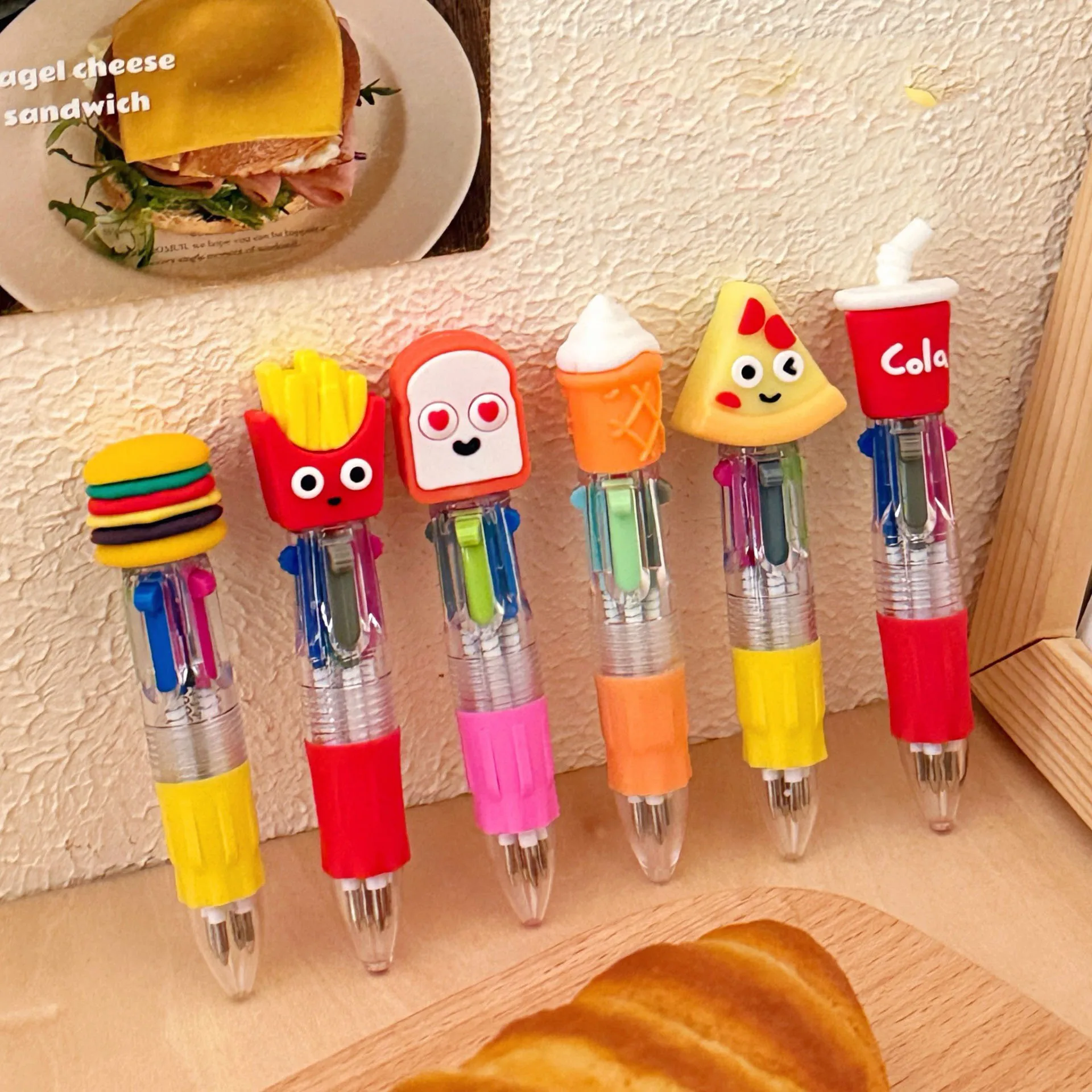 1/6 Pcs Food Cartoon Mini Four-Color Ballpoint Pen Children's Multi-Color Planner Marker Pen Stationery