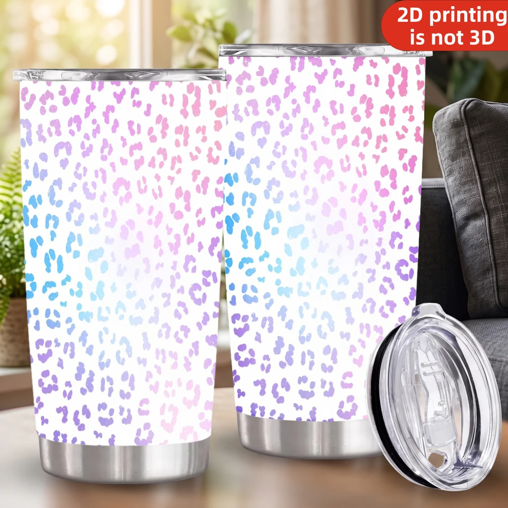 20oz Pink Purple Gradient Ombre Leopard Print Stainless Steel Tumbler with Lid and Straw, Pastel Rainbow Cheetah Spots Vacuum Insulated Travel Coffee Mug Gifts