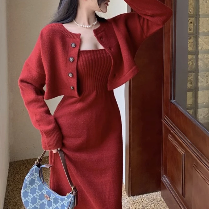 Elegant Red Knitting Dress Women Korean Fashion Office Lady Two Piece Dress Female Winter Warm Casual Christmas Party Dress Z147