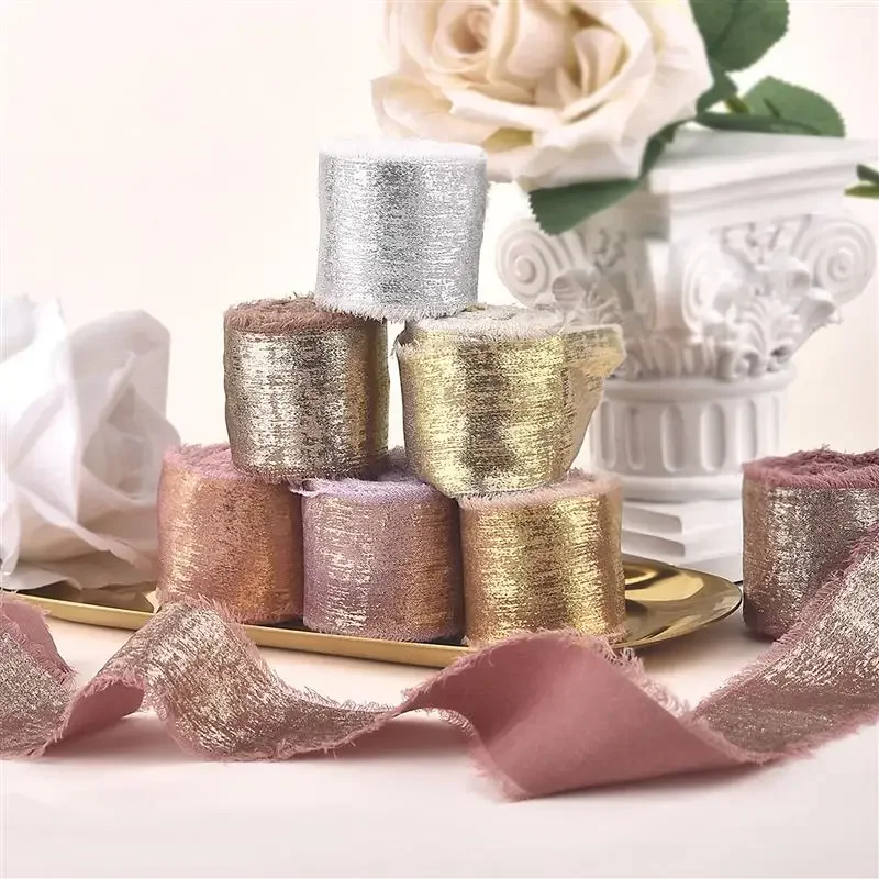 Handmade Frayed Edging Golden Silk Ribbon Cloth Ribbon For Wedding Invitation Wrapping Bouquets Birthday Party Decorations Gifts