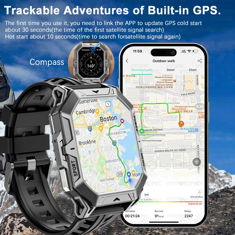 Nowy Smartwatch Męski do Sportów Outdoorowych 1000MAH Super Wytrzymałość Smartwatch GPS Tracker Kompas Połączenia Bluetooth Wodoodporny Smartwatch