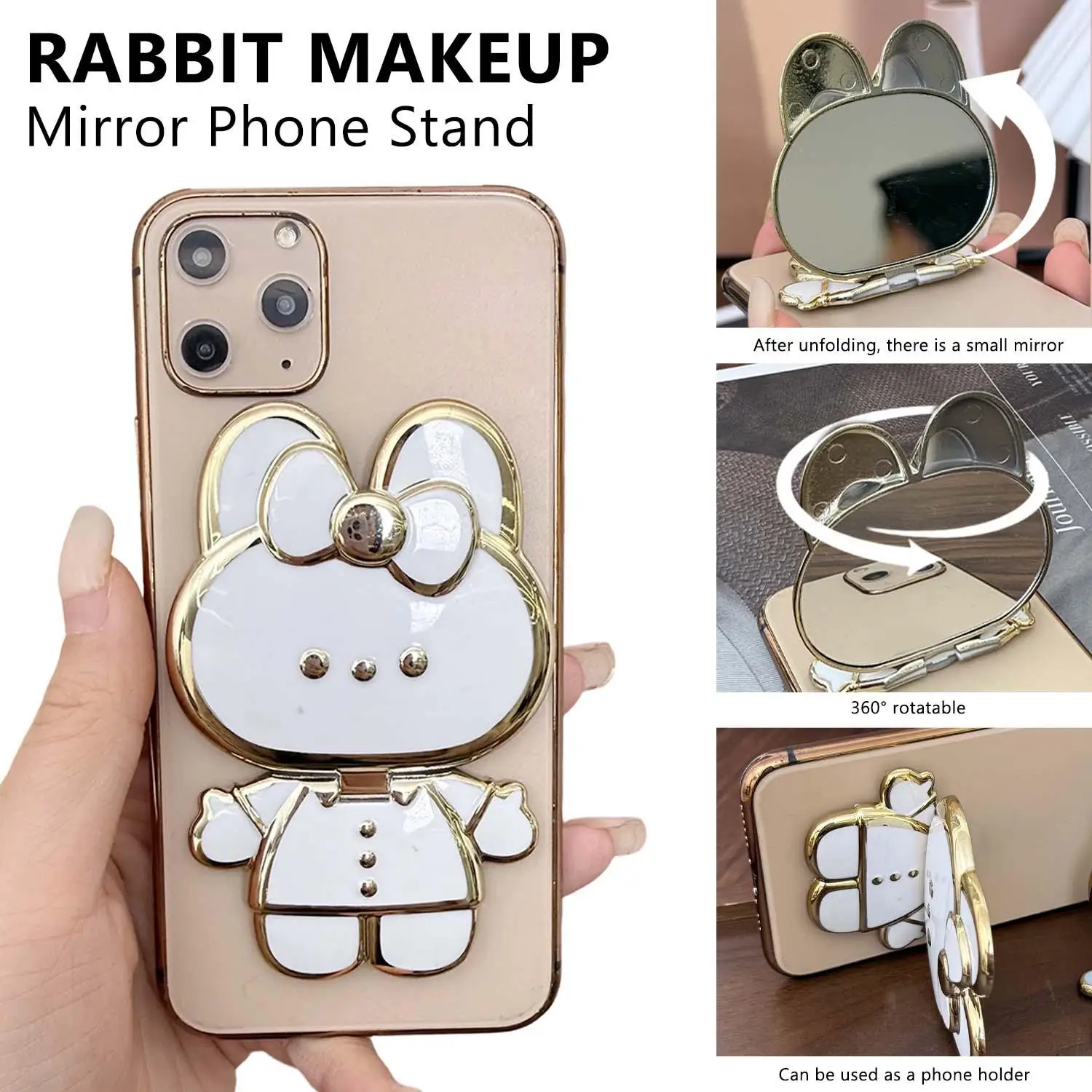 

Creative Cartoon Rabbit Shaped Plastic Mobile Phone Holders Lazy Bracket with Mirrors Multifunction Foldable Desktop Stand