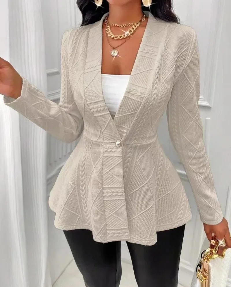 2024 Autumn Women\'s Chic Textured Jacket With Beaded Buttons V-Neck Ruffled Elegance Long Sleeves Ruffled Hem Perfect Outerwear