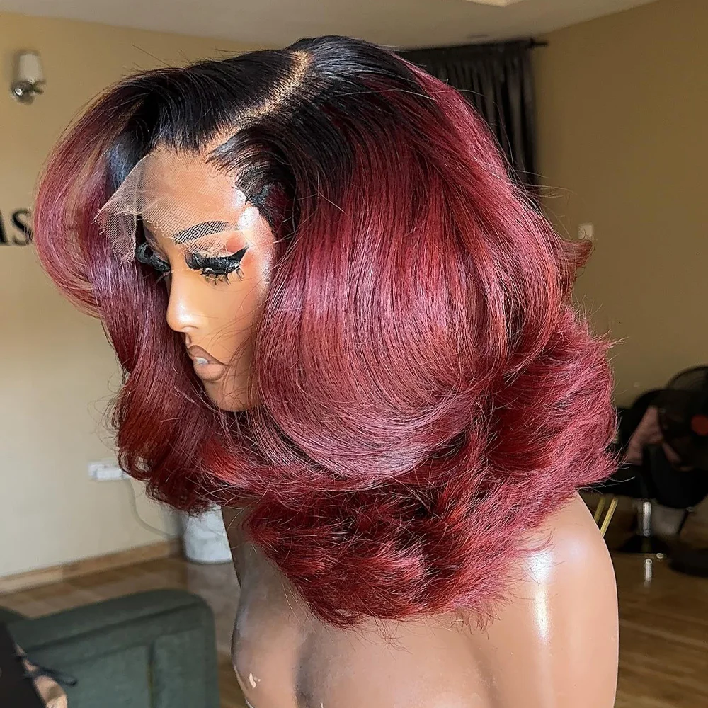 بورجوندي شفاف الدانتيل أمامي خصلات الشعر المستعار الإنسان 400 الكثافة غلويليس 1B/الأحمر 99J الجسم موجة خصلات الشعر المستعار الإنسان للنساء 10-18 بوصة