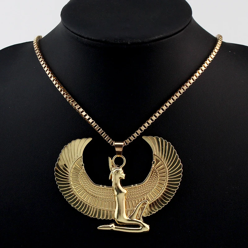 Ancient Egyptian Mythology Goddess Isis Wings Necklace Stainless Steel Pendant Necklace Women Vintage Egypt Gold Color Jewelry