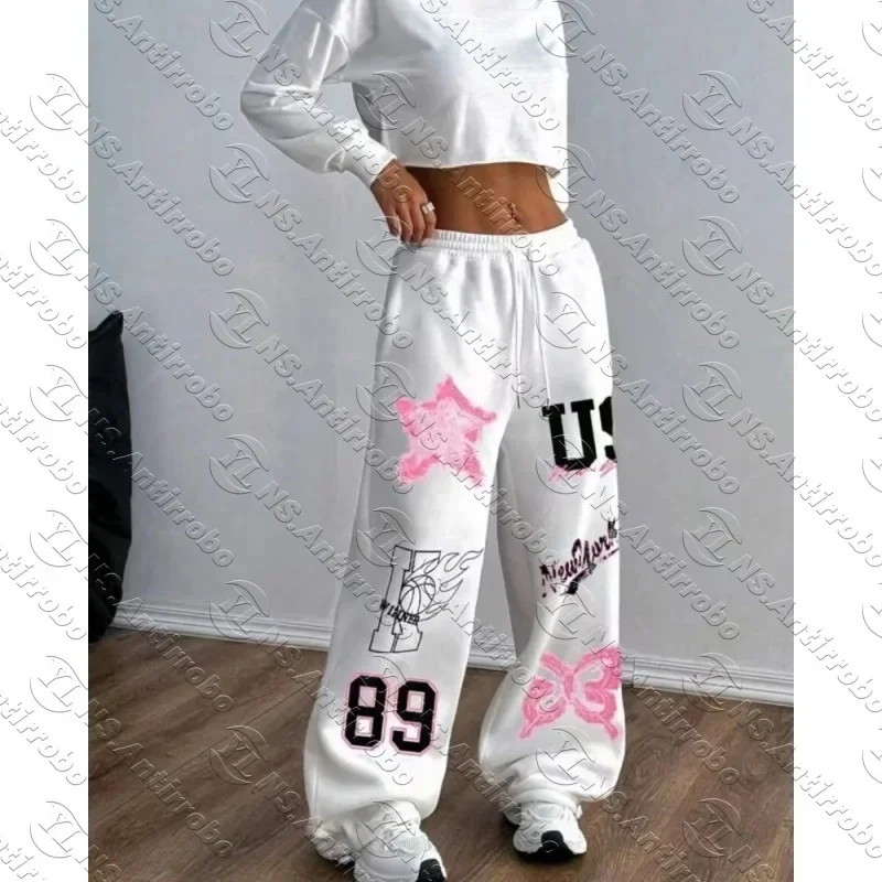 Y2K Baggy Track Pants White with Pink Blue Women's Kids Street Fashion American Hip Hop Totem Graffiti Jogging Trousers