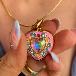 Colorful Zircon Heart Star Openable Pink Heart Album Pendant Necklace Women Girls Dopamine Party Jewelry Valentine's Day Gift