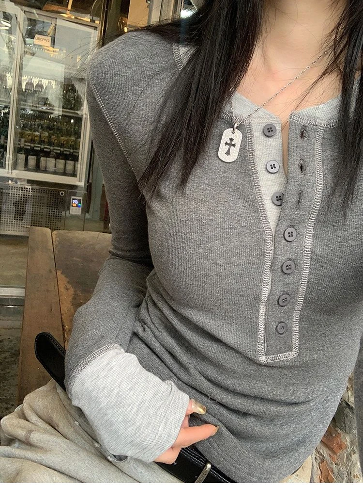Contrast Color T-shirts Women Gray Long Sleeve Slim Cropped Tops Korean Stylish Spring Simple Casual Chic Ulzzang Instagram BF