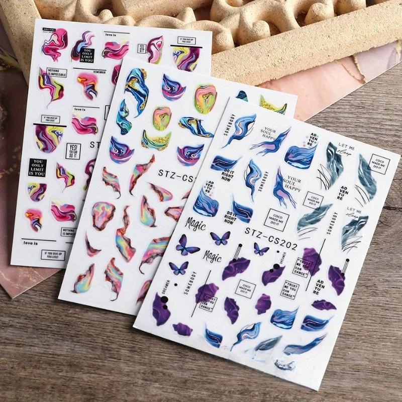 피는 대리석 네일 스티커 데칼 3D 웨이브 라인 꽃 편지 봄 디자인 매니큐어 문신 네일 아트 슬라이더 장식