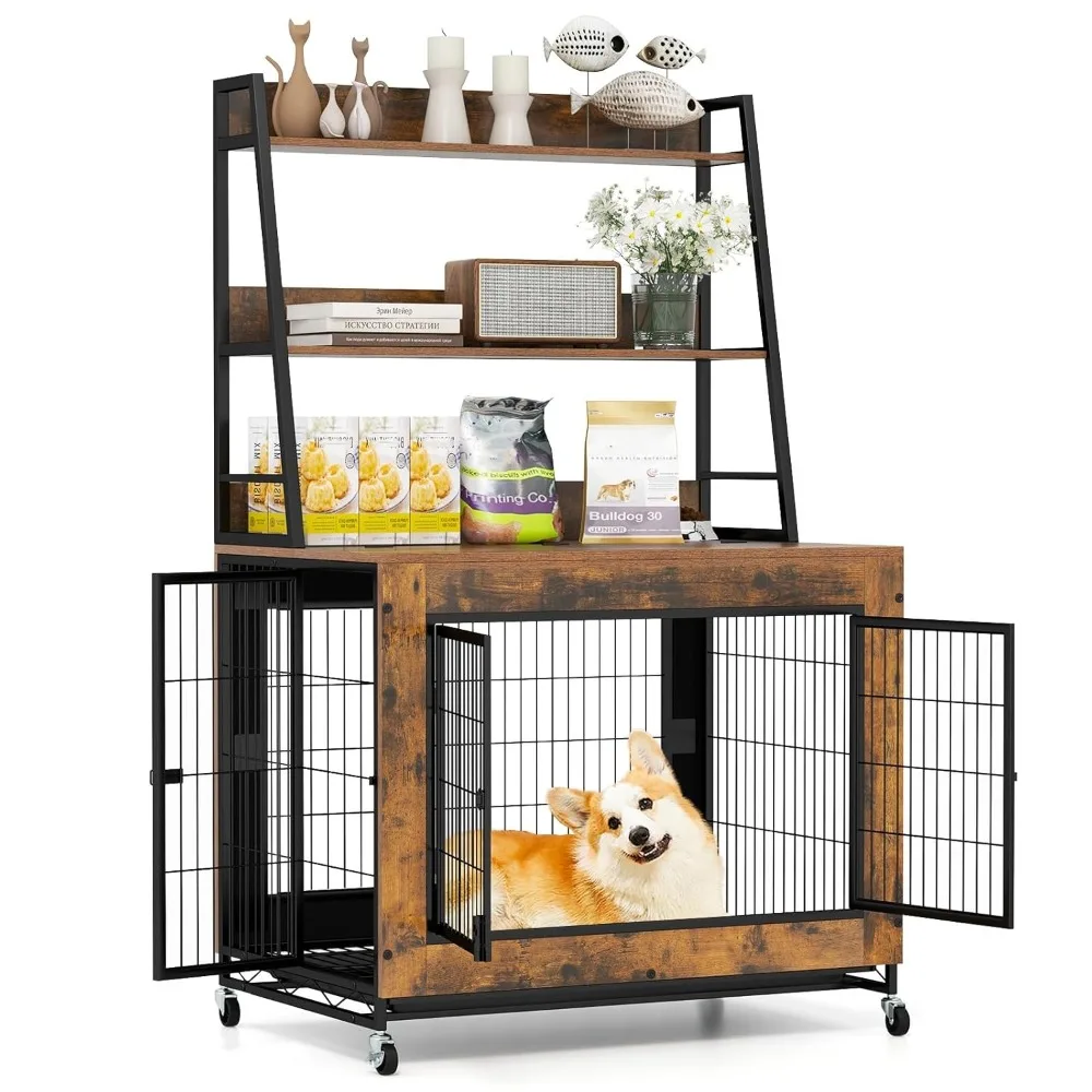 

38in Wooden Dog Crate with Storage Flip Top 3 Doors Wheels Tray Chew-Resistant Indoor Pet House Large Dog Brown Custom