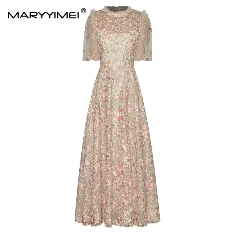 

MARYYIMEI Fashion Designer Summer Women's dress Short sleeved Flower embroidery Slim Elegant Party Maxi Long Evening Dresses
