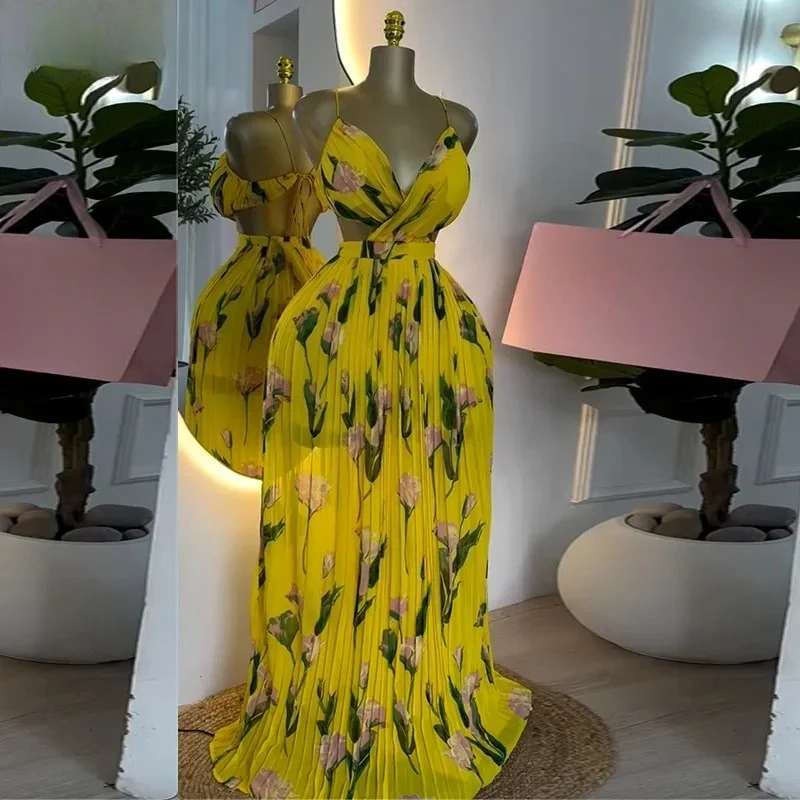 

2025 New Spaghetti Strap V-neck Long Dresses for Women Holiday Backless High Waist Pleated A-line Party Club Maxi Dress Vestidos