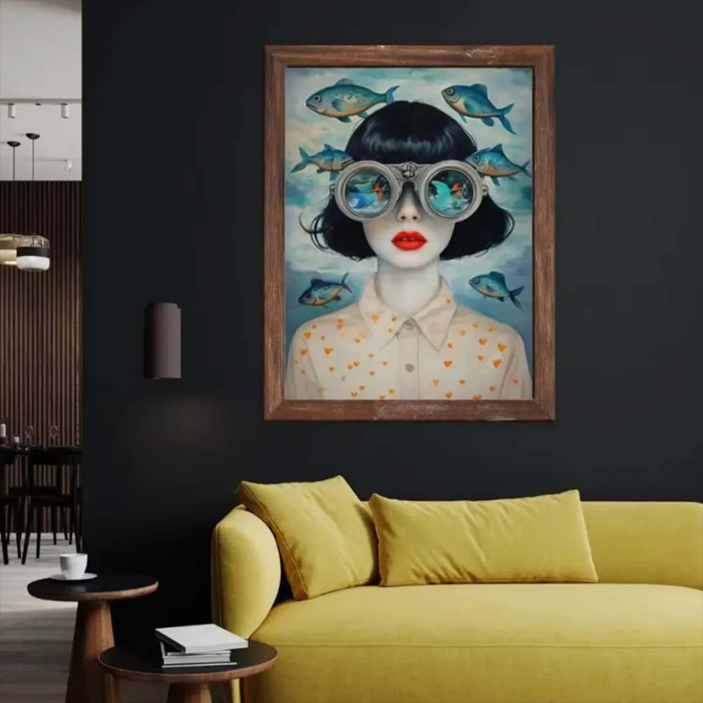 Surrealistische Frauendarstellung, Leinwandgemälde, surrealistisches Poster und Druck mit einem Mädchen und einem Goldfisch, Wandbild für Wohnzimmer, Heimdekoration. – Detail 7