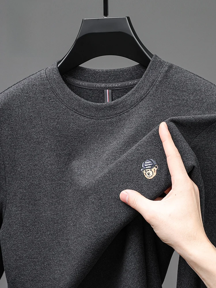 

Мужская двусторонняя вельветовая футболка с длинным рукавом и вышивкой, круглый вырез, повседневная, теплая, приталенная, базовая, для делового стиля, для джентльменов