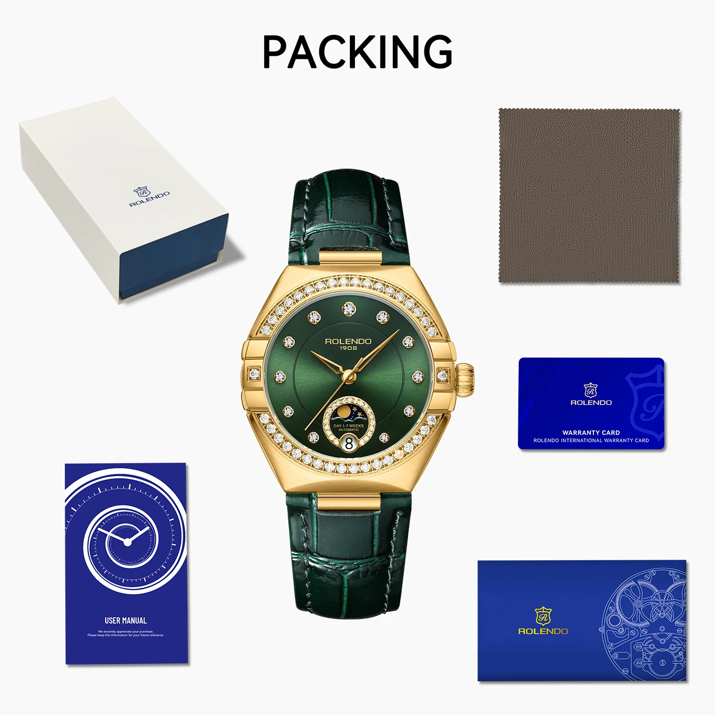 ROLENDO Constellation Style Automatic Women's Watch Secret Emerald Strap Green Dial Day-Date Sapphire Crystal Waterproof Elegant
