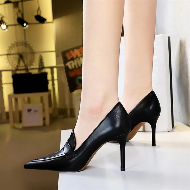 Elegant Women High Heels Pumps Wedding Bridal Classic Leather Retro Pointed Toe Slip On Brown Black Office Party Single Shoes