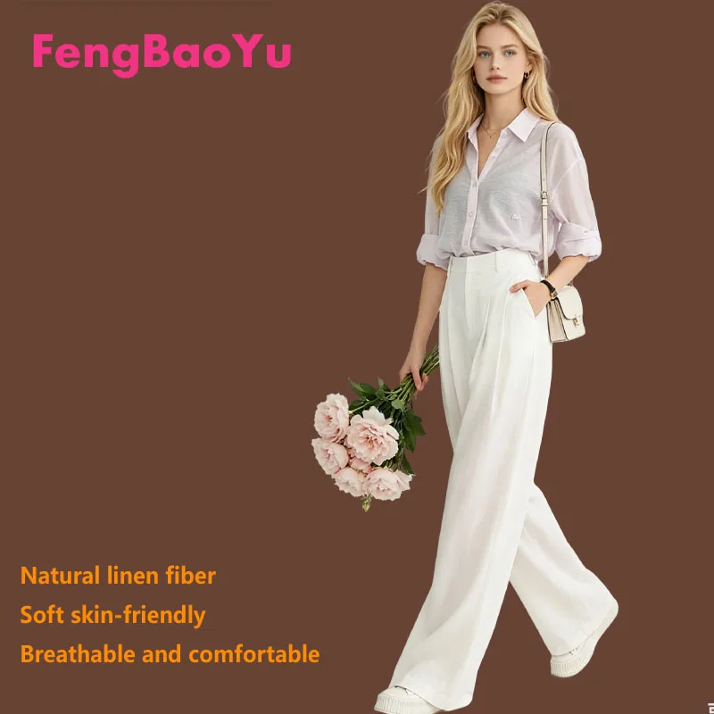 Fengbaoyu Natural 100% Linen Women's Pants - Spring/Summer Casual Wide-leg Pants, Comfortable, Breathable, Wicks Away Sweat