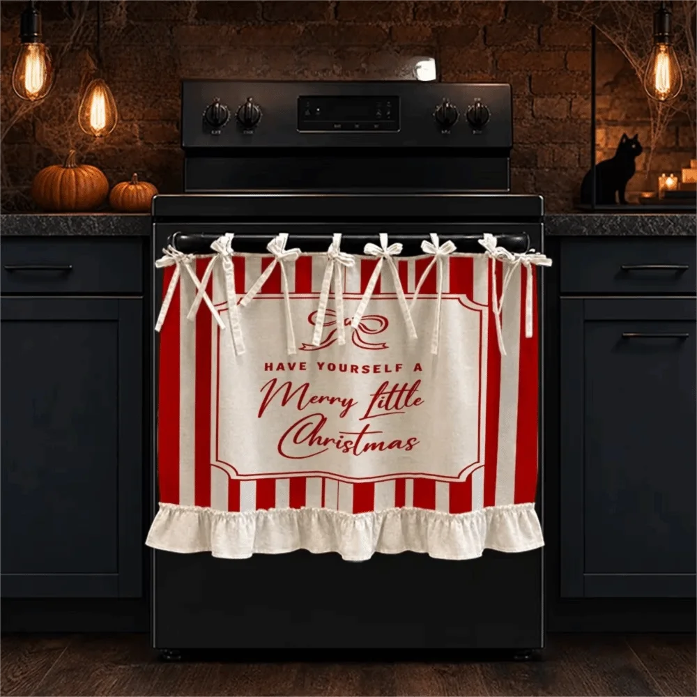 Lace-up Design Christmas Oven Curtain Ruffled Edge American-style Cabinet Curtain Red and White Decorative Oven Skirt Partition