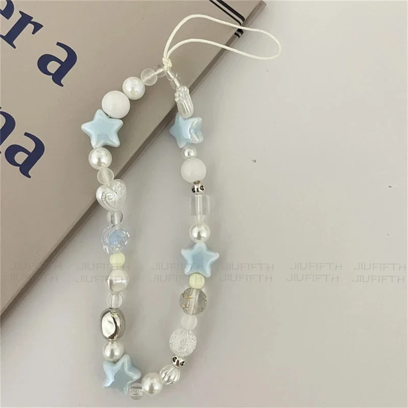 For iPhone Universal Accessories Lanyard Hanging Rope For Girl Pendant INS Star Pearl Beads Phone Short Chain Trendy Pendant
