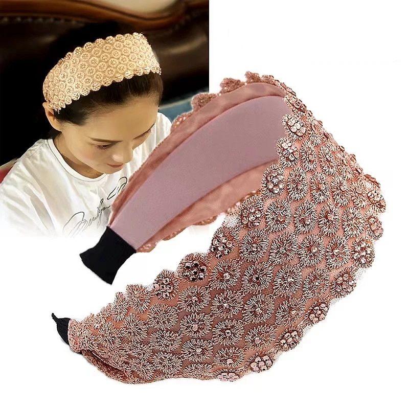 1/2Pcs Rhinestone Wide-brimmed Headband Women Daisy Lace Hairband knitting Hair Hoop Girls Retro makeup Hair Accessories