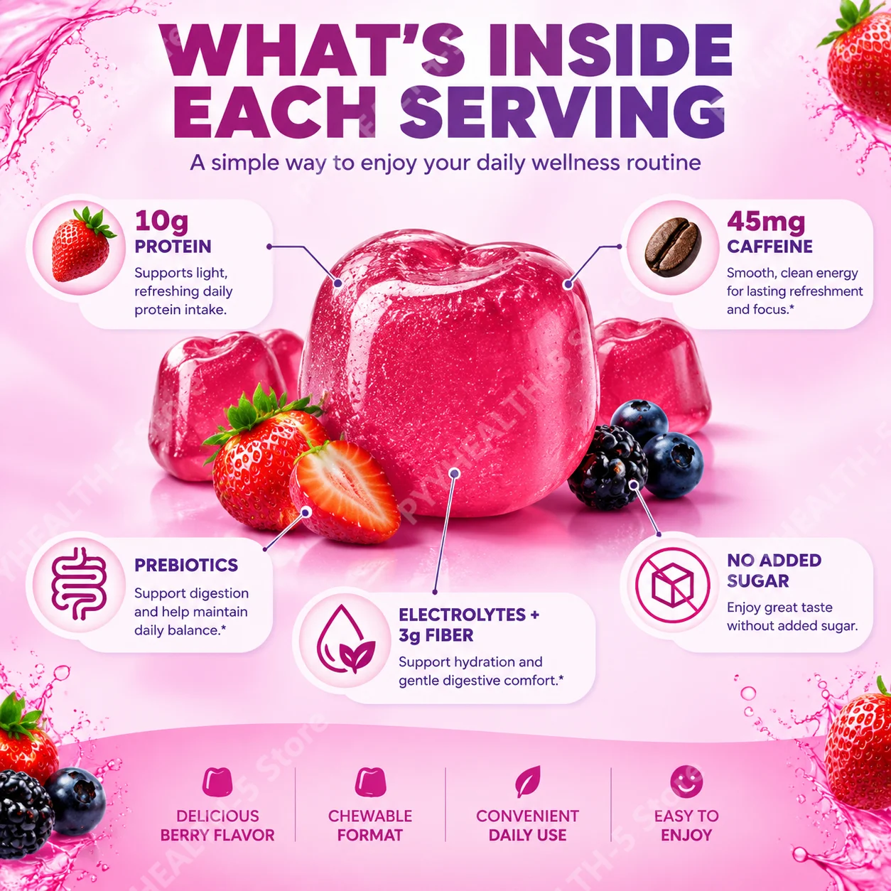 Protein Refreshers Powder with 10g Protein, 3g Fiber Electrolytes, 45mg Caffeine Energy & Hydration Support 0g Sugar 20 Servings