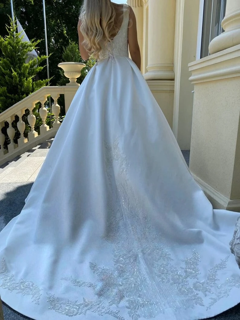 Простое свадебное платье с корсетом и вышивкой со шлейфом, свадебное платье с открытой спиной, атласные свадебные платья принцессы для женщин, 2020, невеста