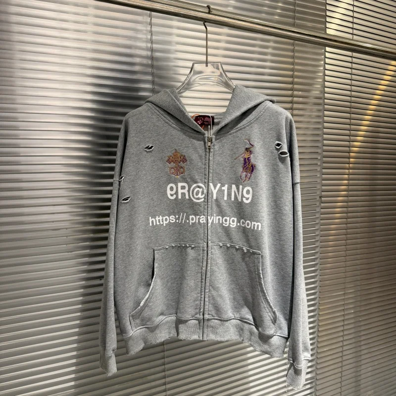 Praying Raf War Horse Sickle Heavyweight Embroidery Destroyed Loose Fit Zipper Gray Sweatshirt Hoodie Jacket