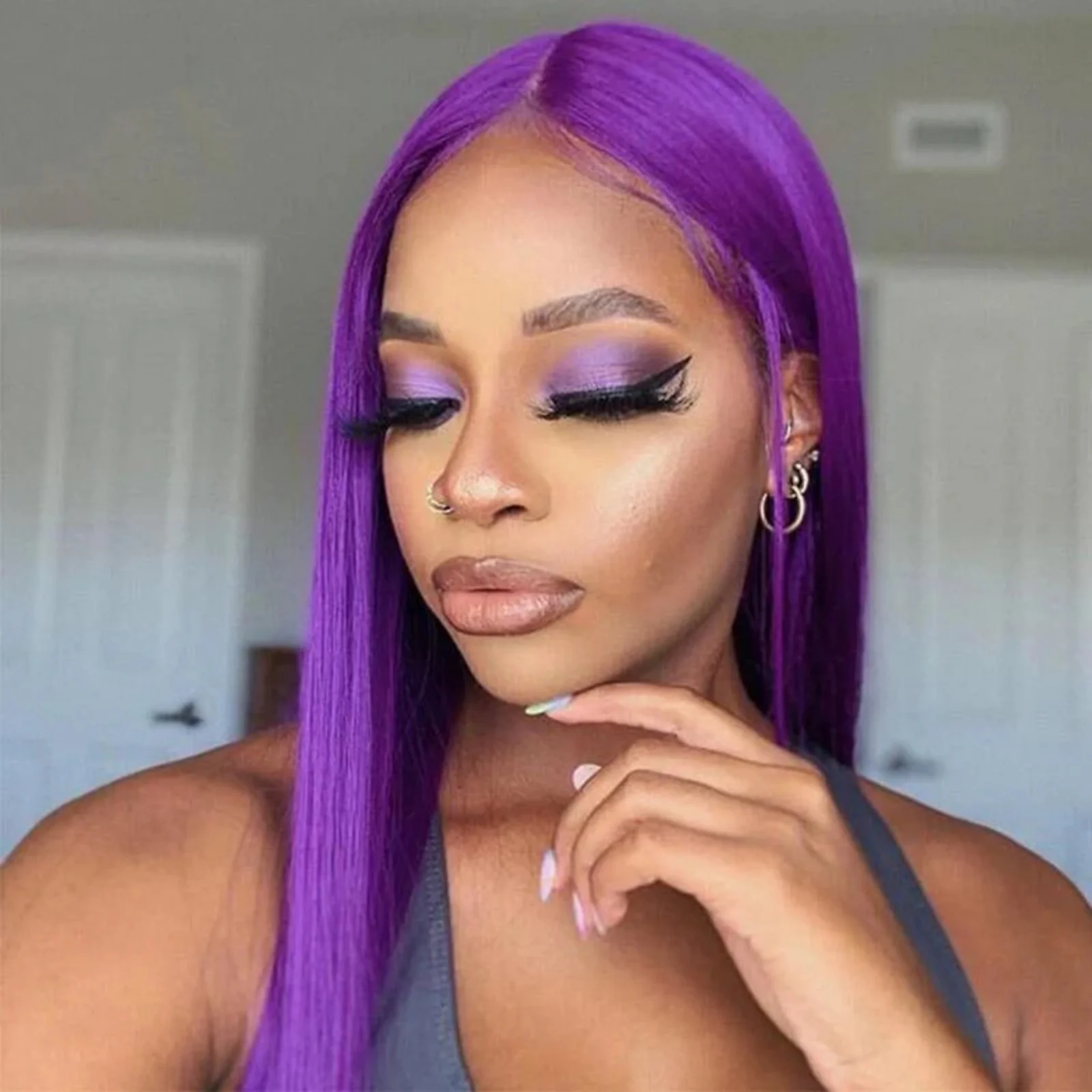 Purple Wig Straight Synthetic Lace Front Wig Long Hair Wig Glueless Wigs Ready to Wear Dark Purple Lace Frontal Wigs for Women