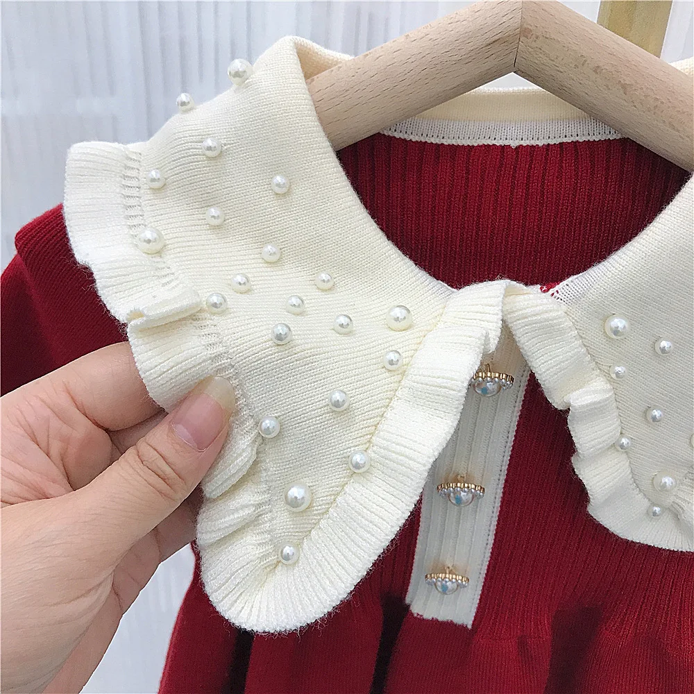 Girls Autumn Dress 2024 New Childrens Knitted Woolen Dress Childrens Baby Princess Dress Kids Clothes