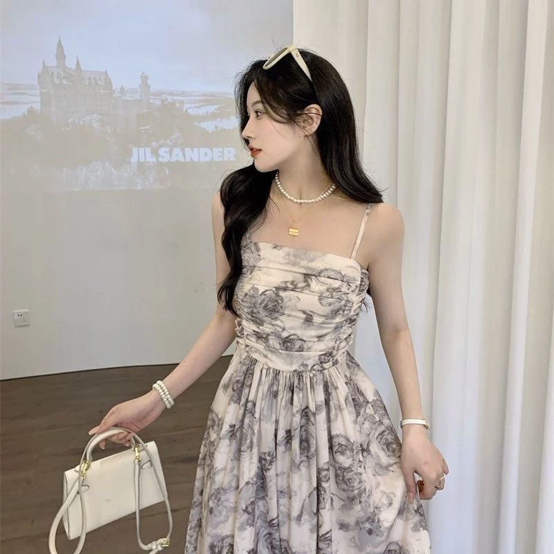 Gidyq Spaghetti Strap Dress Women Summer Sweet Cute Floral Camis Dress Korean Fashion Chic Female Sleeveless Long Vestidos New