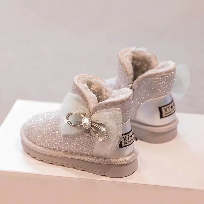 

real Fashion Girls Boots Winter Kids Shoes Middle And Small Children's Cotton Shoes Leather Rabbit Hair Thickend Warm For Kids