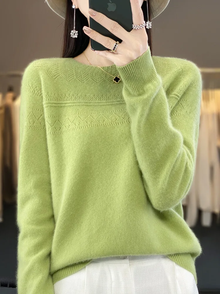 Autumn Winter Women Wool Sweater 100% Merino Wool Pullovers O-neck Hollow Long Sleeves Female Casual Cashmere Knitwear Korean