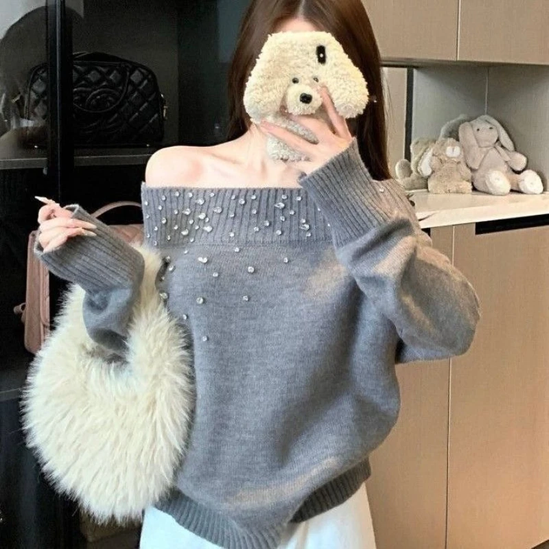White Drill Off Shoulder Oversized Sweater Women Sparkly Knitted Top Long Pullover Sweater Knitwear Outerwear Chic Party Sweater
