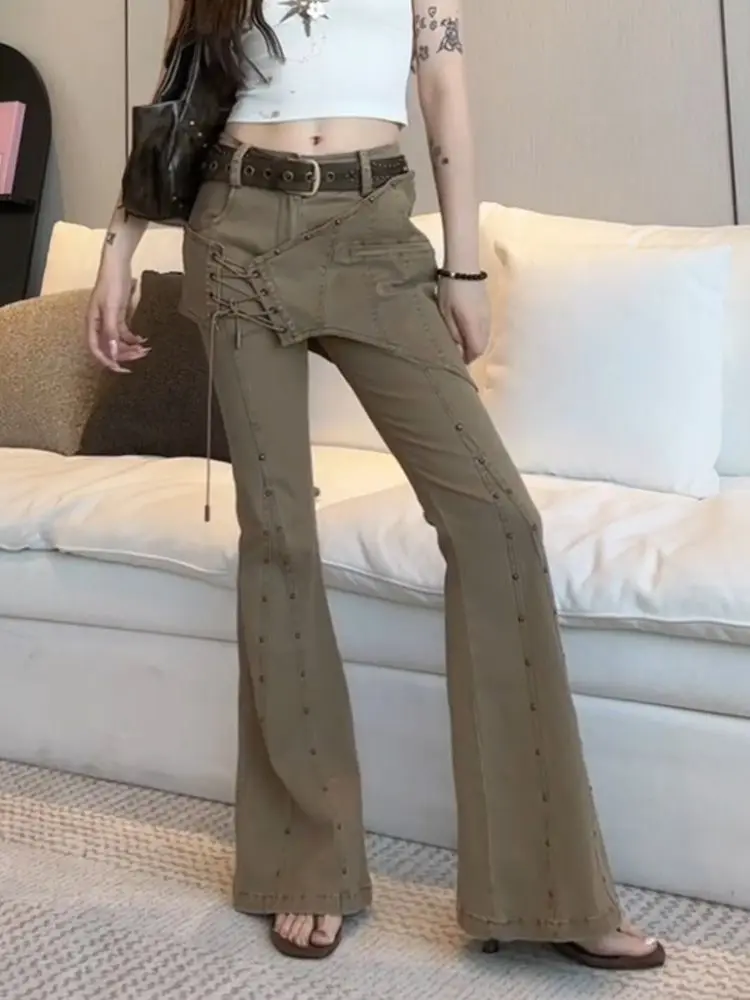 

2025 Autumn Winter Women Vintage Low Waist Flare Jeans Patchwork Y2k Harajuku Denim Pants Bell-Bottom Skinny Grunge Trousers