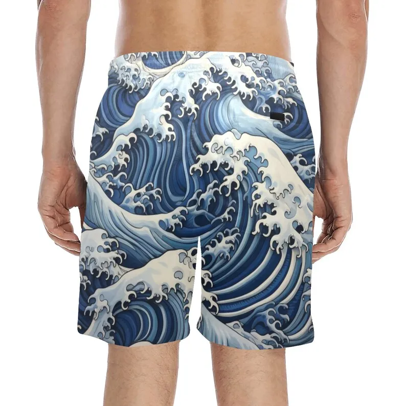 2026 Summer New Men's Wave Pattern Shorts for Casual Outdoor Sports, Breathable Quick Drying Beach Mesh Vacation Pocket Shorts