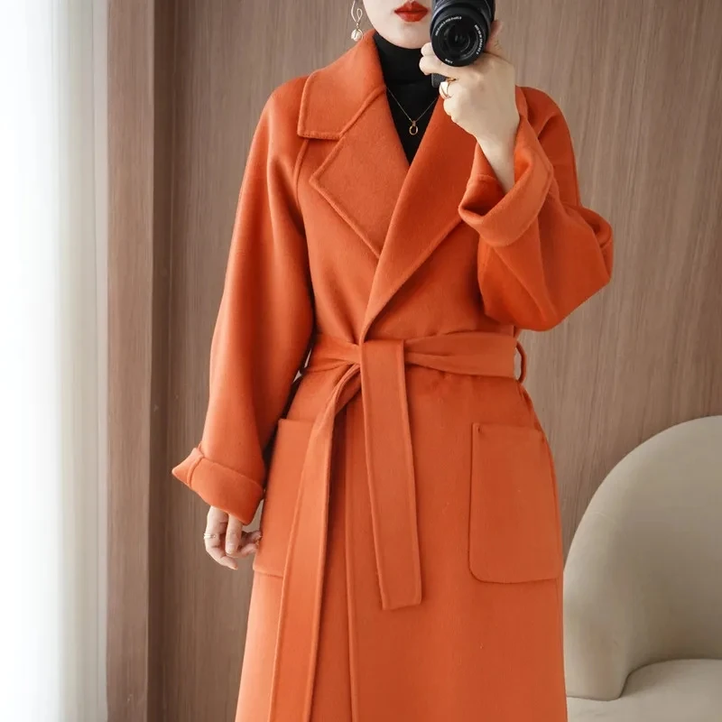 100% Wollmantel für Damen, Herbst/Winter 2026, Modischer Eleganter Doppelseitiger Kaschmirmantel mit Gürtel, Langer Mantel