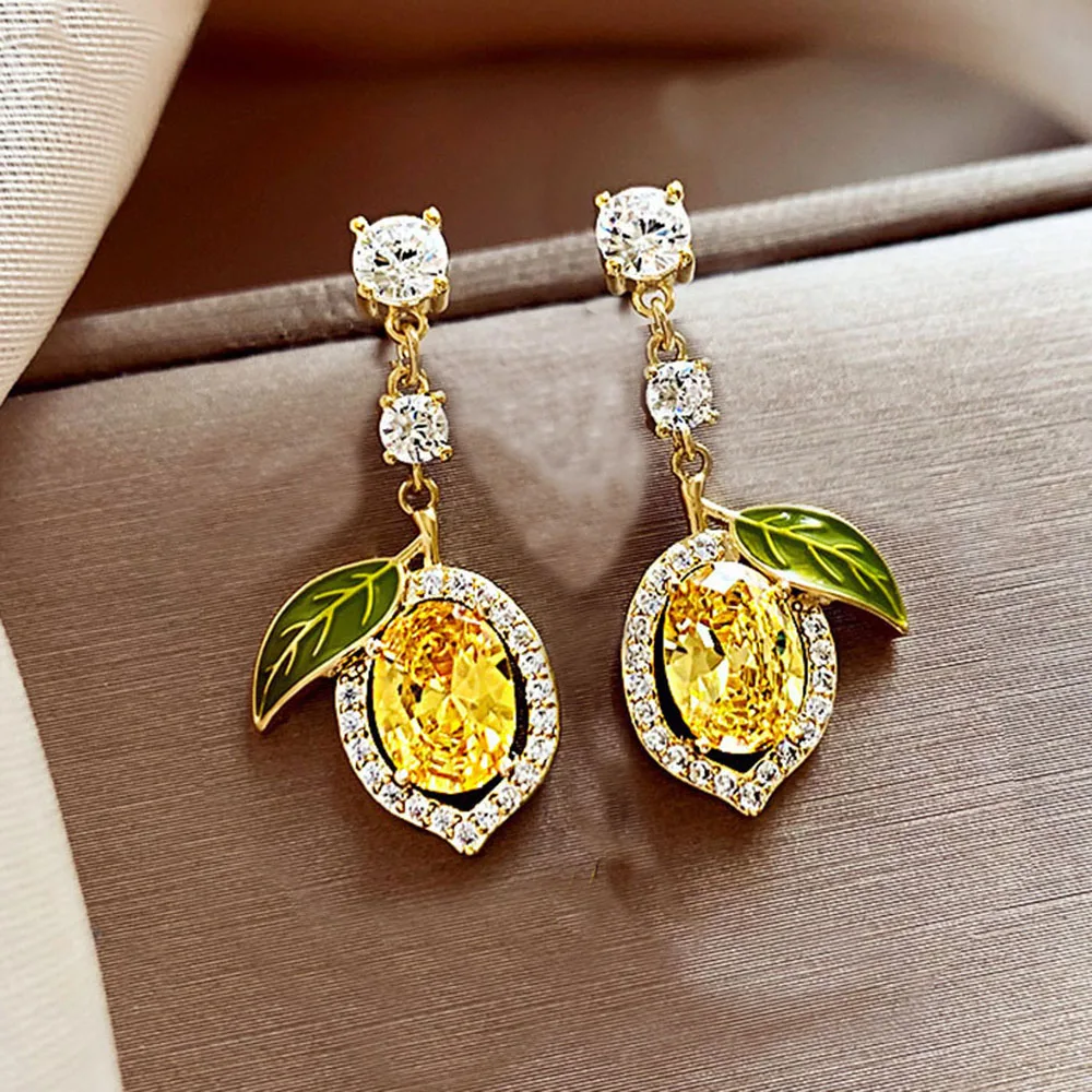 Elegant Rhinestone Lemon Imitation Pearl Earrings, Stylish Design for Women, Perfect for Daily Wear & Parties