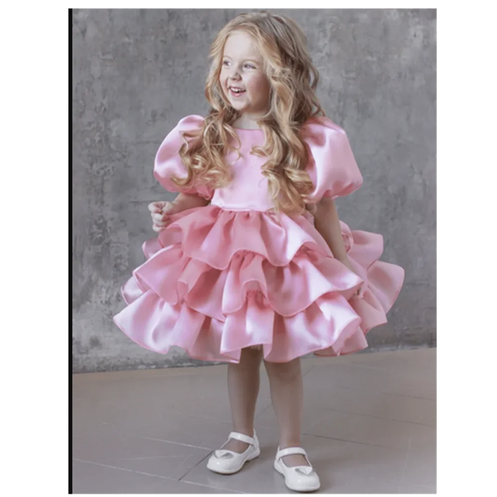 

Layered Flower Girl Dress For Wedding Puffy Sleeve With Bow Kid Birthday Party Princess Pageant Dress First Communion Gown