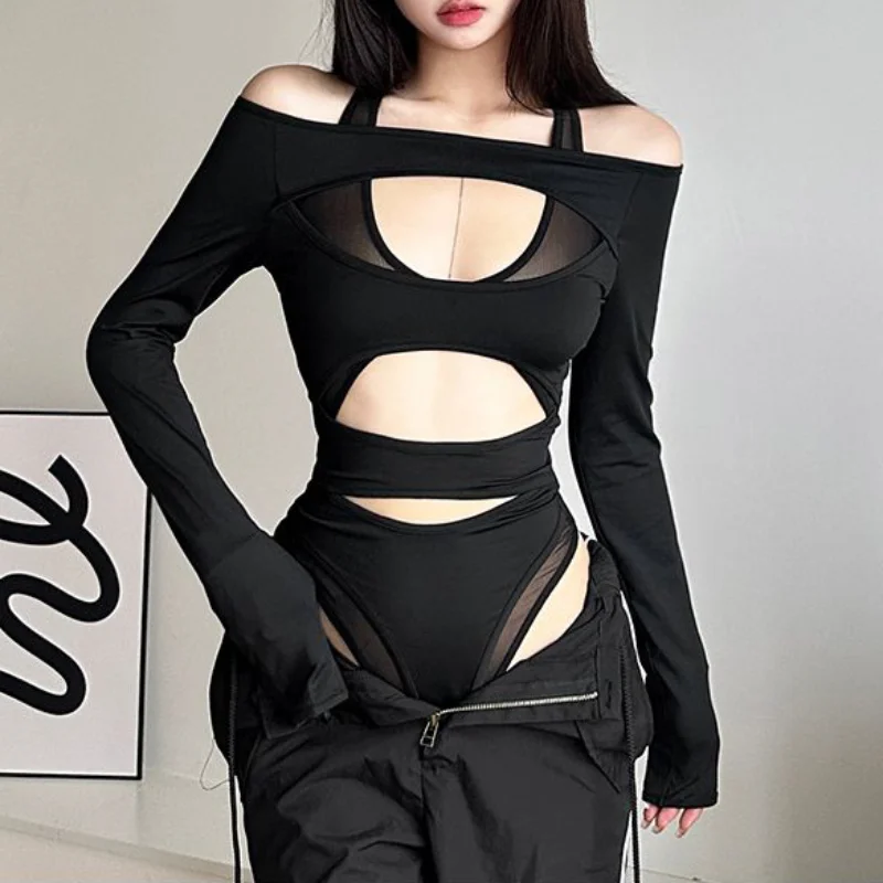 

Hollow Mesh Design Long Sleeved T-shirt Women's Versatile Skinny Bodysuit Trendy Spicy Girls Irregular Cutting Sexy Streetwear