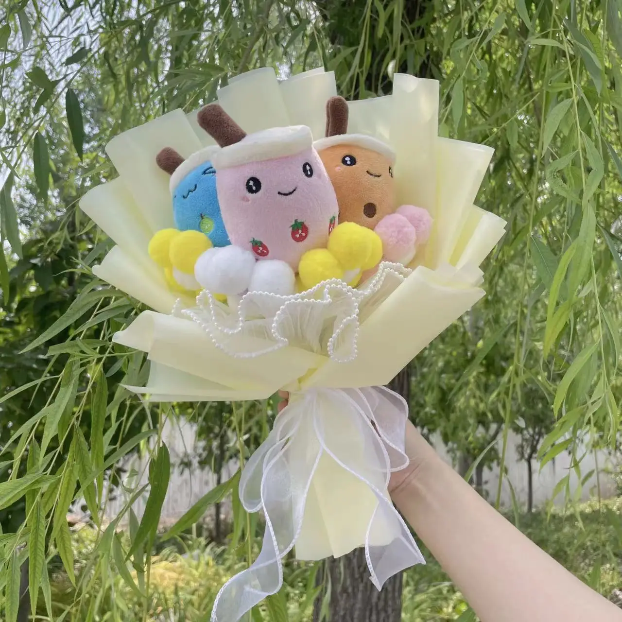 Real-life bubble tea avocado plush toy Flower bouquets stuffed food milk tea soft doll boba Christmas Graduation birthday Gifts