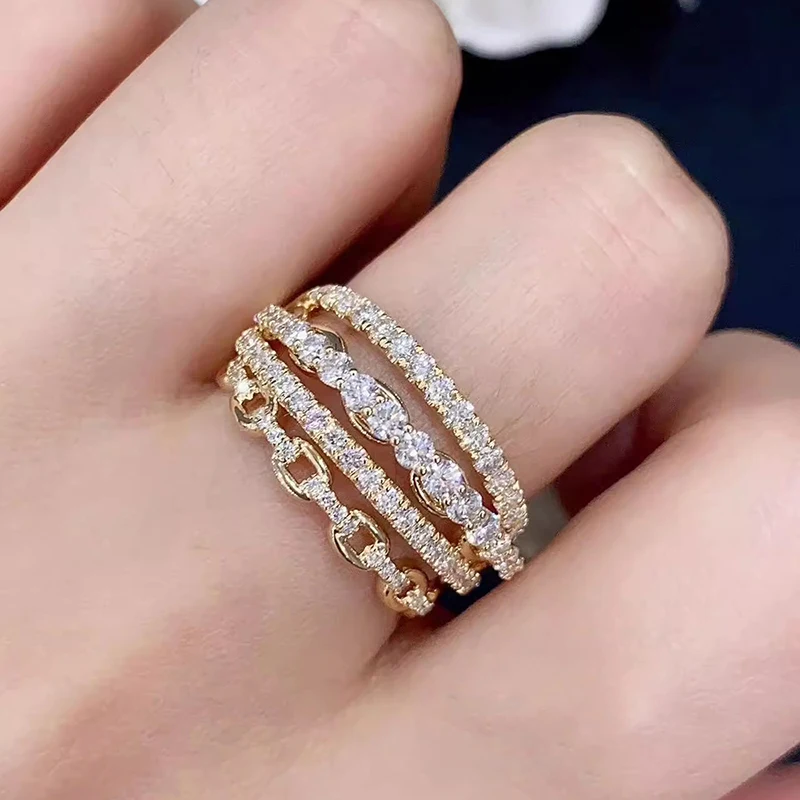 Huitan Fashion Multi Layered Design Ring Female Luxury Gold Color Wide Finger Jewelry with Bright Zirconia Chain Accessories