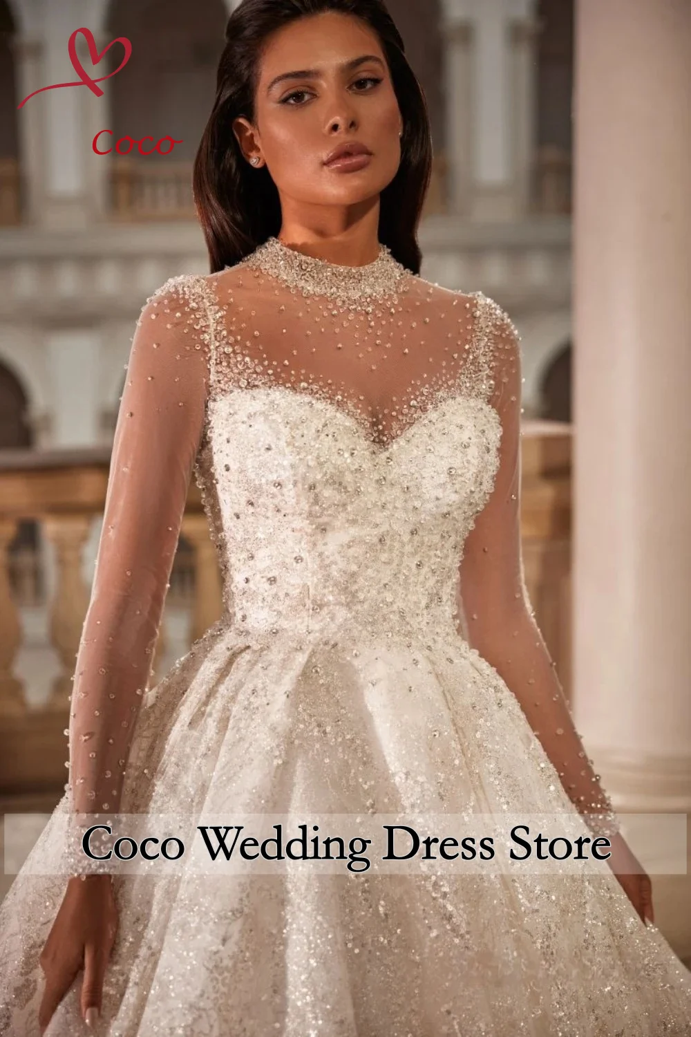 Customised Luxury Ball Gown Royal Glitter Wedding Dresses For Woman Sweetheart Long Sleeve Lace Sequined Glitter Bride Dresses