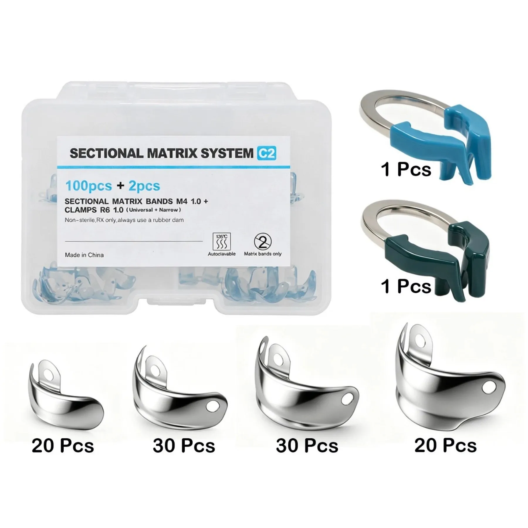 C2 Dental Sectional Matrix System M4 1.0 Matrix Bands with R6 Clamps Ring 100pcs+2pcs Kit Fit Garrison Palodent V3 System