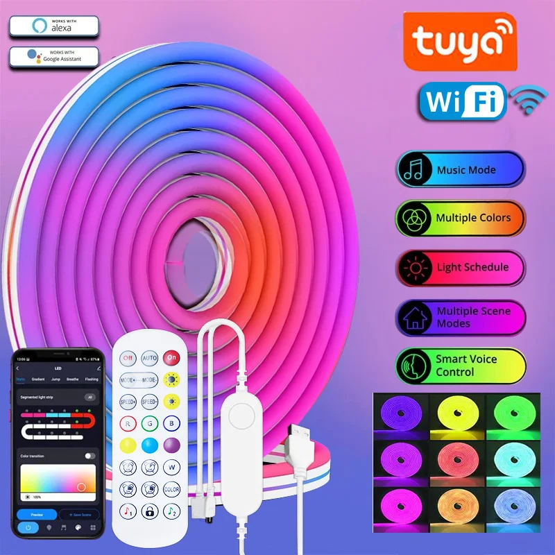 

3/5M Tuya WiFi USB LED RGB Neon Strip Light DC5V Smart Strip Light IP67 Waterproof RGB LED Flexible Tape Multi-Color with Alexa